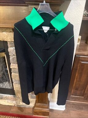 Bottega Veneta Black Knit V-Neck Sweater with Green Collar